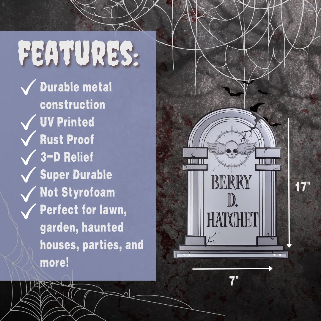 3-D Metal Halloween Ghost XL 17" Tombstone w Stakes -BERRY D HATCHET- Durable, Rustproof, UV Raised Printing- Upgrade Your Haunted House Mansion w Cemetary Lawn Decor- No More Flimsy Foam Graveyards