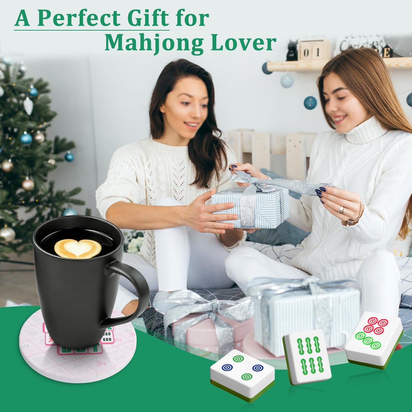 Hoowen Mahjong Coasters with Holder, Ceramic Coasters for Drinks Set of 4, Absorbent Round Coasters, Mahjong Gift and Accessories for Most Cups, Table Game Housewarming Party Supplies