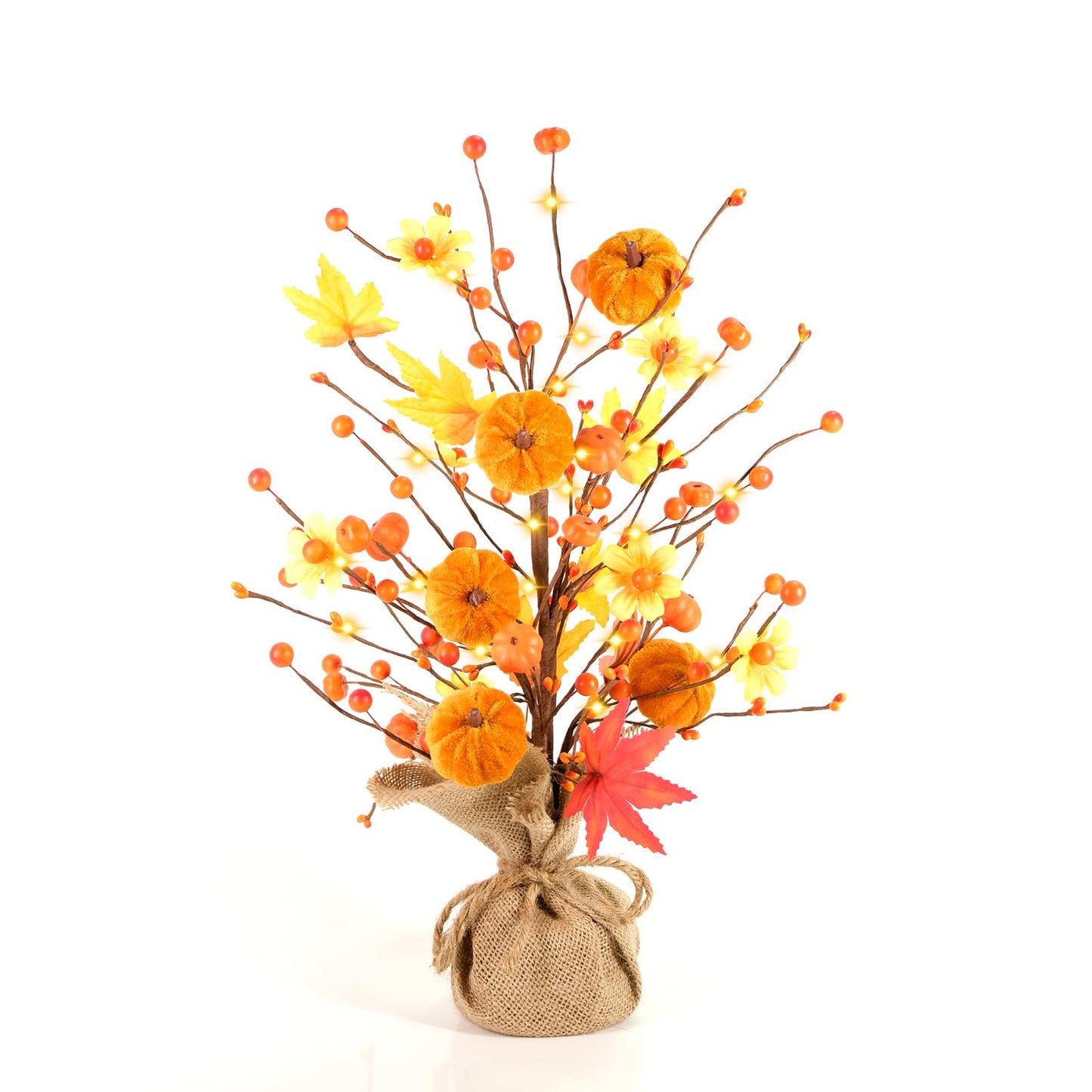 jabeick Fall Decorations for Home, 1 Pack 24 Inch Artificial Fall Pumpkin Berry Maple Leaf Tree with Lights for Tabletop Thanksgiving Autumn Harvest Indoor Decor