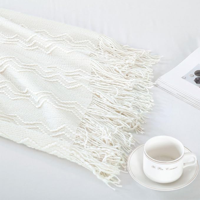 BOURINA Off White Throw Blanket 50 x90 Inches Throw Textured Solid Soft Sofa Throw Bed Runner Couch Cover Knitted Decorative Blanket Bed Runner