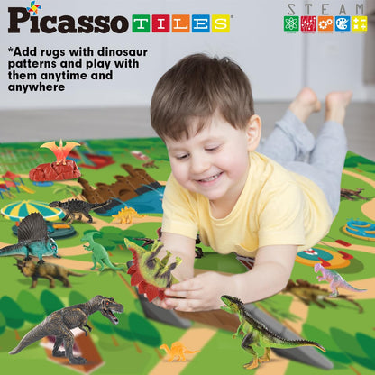 PicassoTiles Dinosaur Play Mat Toys 32pc Dino Playset STEM Activity Learning Kit STEAM Toy with Educational Book, 21 Action Figures T-Rex, Triceratops, Velociraptor, Trees, Rocks for Kids 3+ PTD11