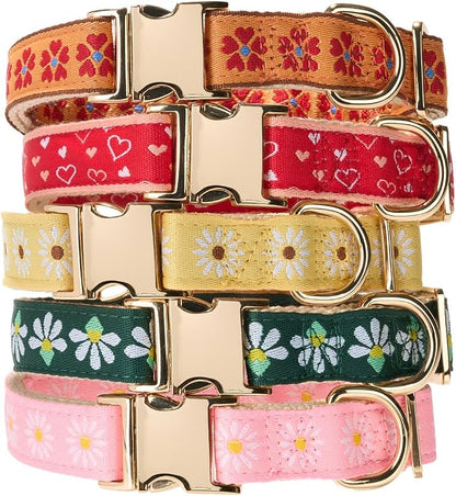 Woven Dog Collar with Metal Buckle Adjustable Jacquard Retro Dog Collars for Small Medium Large Dogs(Red Heart,S)