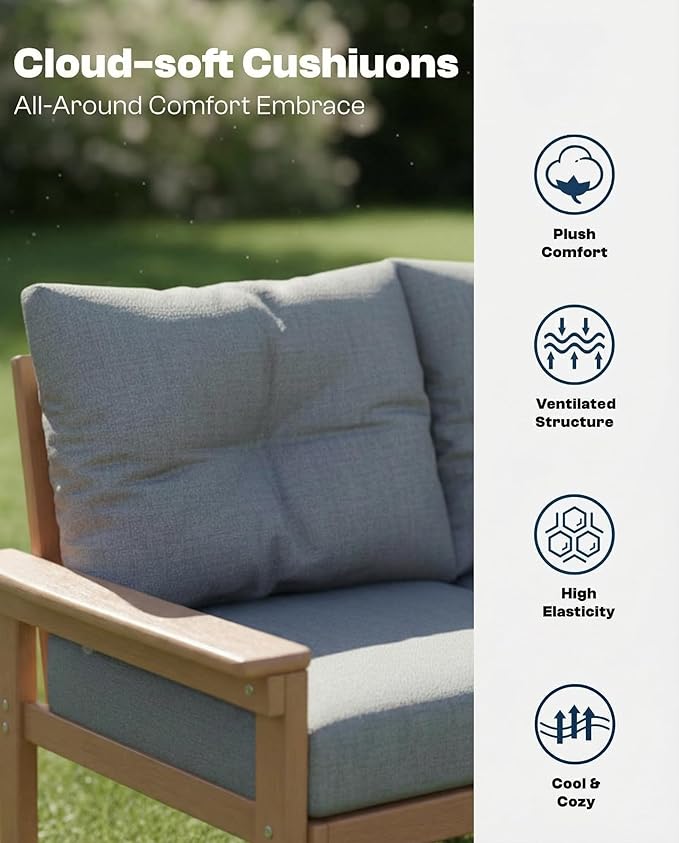 Teak HDPE Patio Sofa Set, 3-Piece Sectional Outdoor Patio Furniture Set, All Weather Outdoor Couch Set with Washable Thick Cushions for Lawn, Garden, Deck, Balcony, Porch, Poolside, Yard