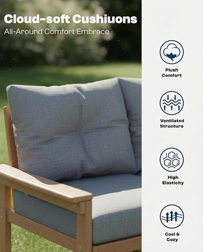 HDPE Outdoor Patio Furniture Set, 7-Piece Patio Conversation Sets with Coffee Table & Side Table & Grey Washable Thick Cushions, Outdoor Sofa for Balcony, Porch, Poolside (Teak Frame)