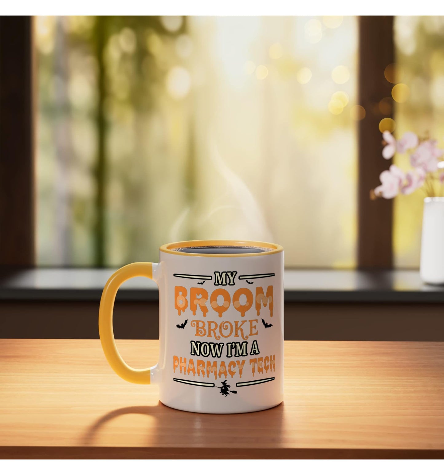 Halloween Pharmacy Tech My Broom Broke Now I'm A Pharmacy Ceramic Mug, Yellow/White