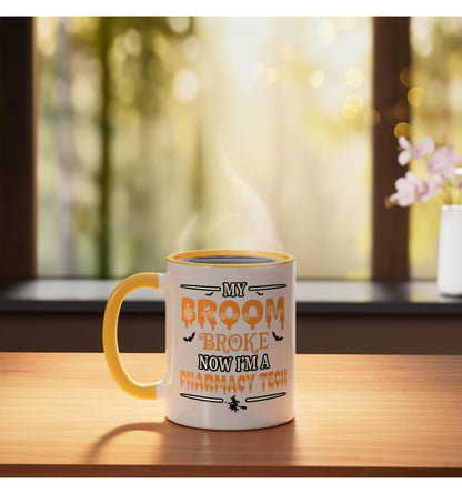Halloween Pharmacy Tech My Broom Broke Now I'm A Pharmacy Ceramic Mug, Yellow/White