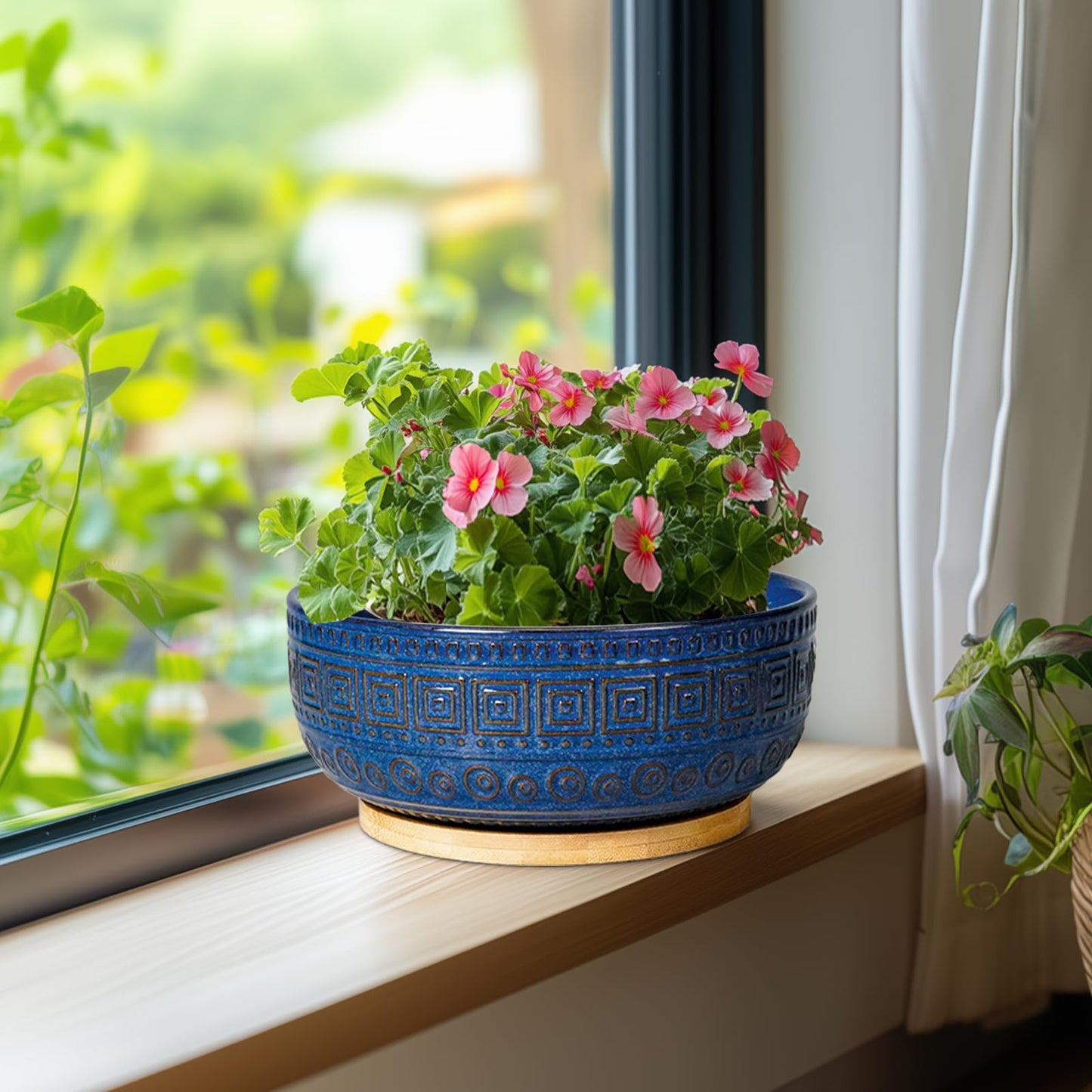 G EPGardening Bonsai Pots 8 Inch - Ceramic Succulent Pots, Round Planter for Indoor Plants, Modern Outdoor Planter with Drainage and Plant Saucer, Boho Home Decor, House Warming Gifts New Home, Blue