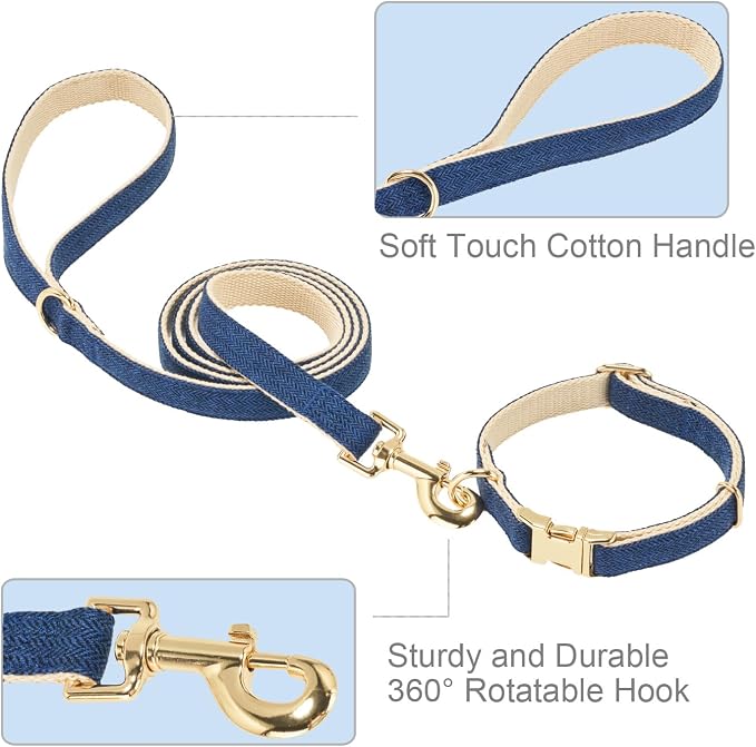Soft Dog Collar and Leash Set Adjustable Woven Tweed Dog Collars with Metal Buckle and Lead for Small Medium Large Dogs,Royal Blue