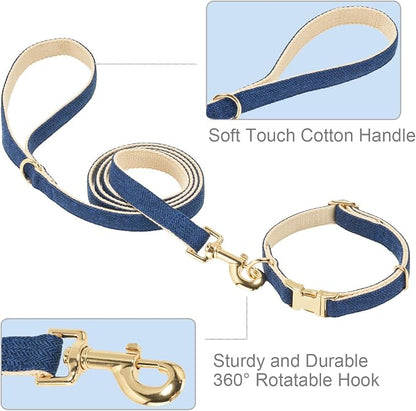 Soft Dog Collar and Leash Set Adjustable Woven Tweed Dog Collars with Metal Buckle and Lead for Small Medium Large Dogs,Royal Blue
