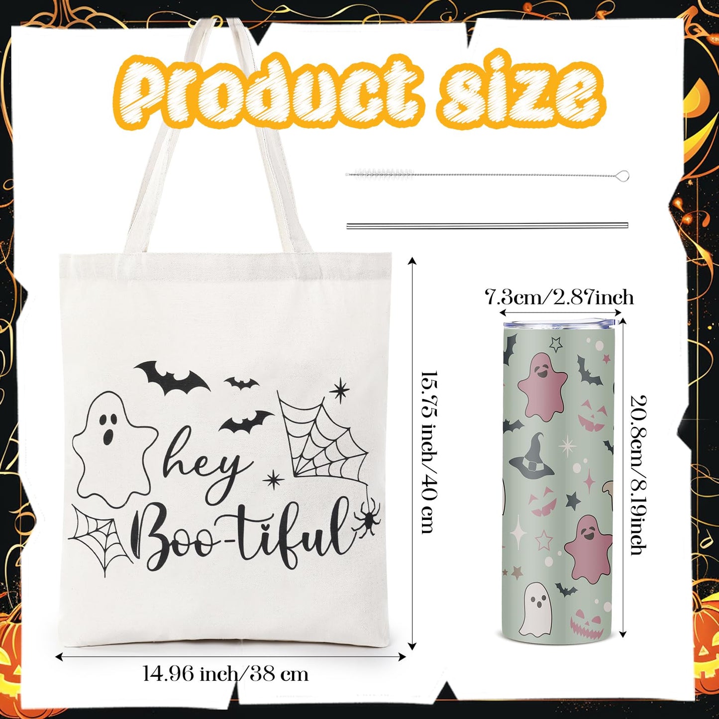 Abbylike 2 Pcs Halloween Gifts for Women Include 20 oz Stainless Steel Tumbler with Lid and Straw Boo Travel Mug Ghost Canvas Tote Reusable Bag for Birthday Gift Halloween Boo Party Favor