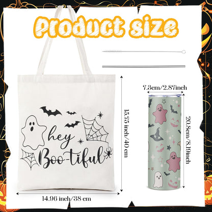 Abbylike 2 Pcs Halloween Gifts for Women Include 20 oz Stainless Steel Tumbler with Lid and Straw Boo Travel Mug Ghost Canvas Tote Reusable Bag for Birthday Gift Halloween Boo Party Favor