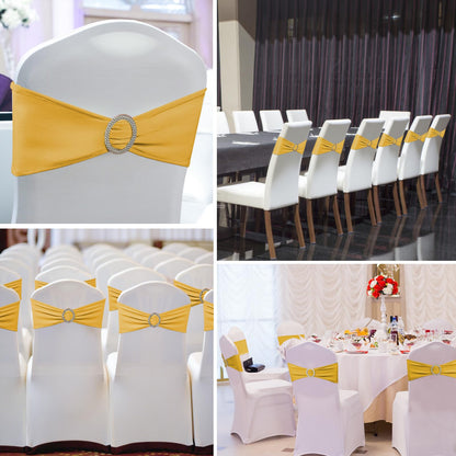 150 Pack Spandex Stretch Chair Sashes Bows, Elastic Stretch Chair Cover Bands Ties with Buckle Slider for Wedding Party Ceremony Reception Event Banquet Decoration (Gold)