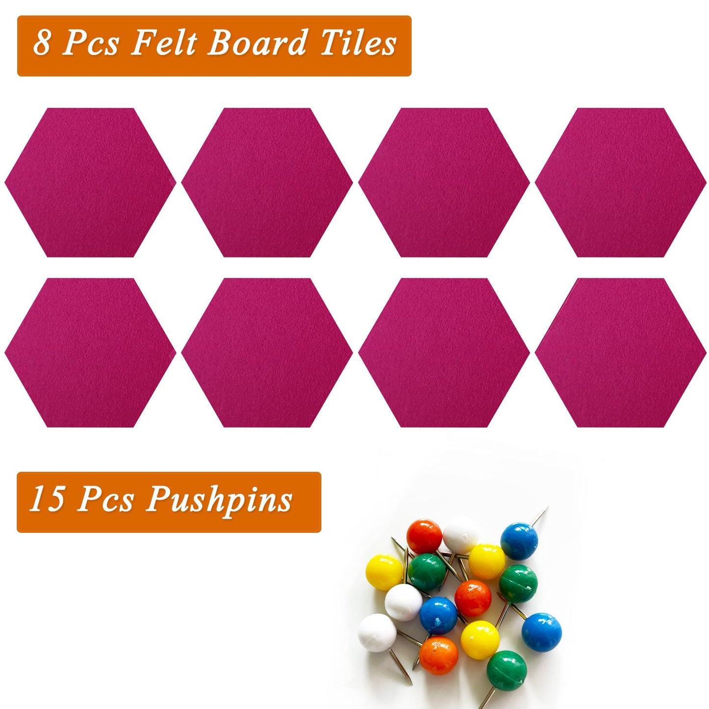 HULAVO 8 Pcs Hexagon Felt Cork Bulletin Board Tiles, Self Adhesive DIY Bulletin Board Pin Board for Office School Home Wall Decor Memos Photos Display(Rose Red)