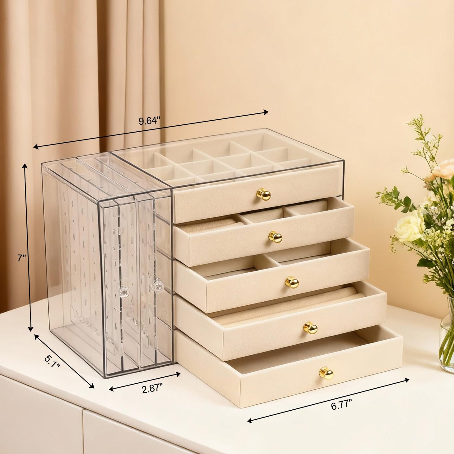 Greenfeather Jewelry Organizer and Storage with 7 Removable Drawers, Clear Acrylic Jewelry Box with 16 Necklace Hooks 48 Pairs of Earring Holes 5 Velvet-Lined Drawers for Rings Bracelets Necklaces