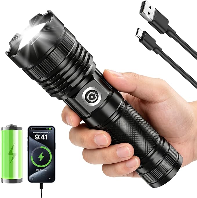 Rechargeable Flashlights High Lumens, Super Bright Tactical Flashlight 3 Modes with Power Display, Waterproof Zoomable LED Flash Light for Home Emergencies Camping Hiking