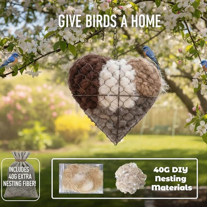 Handmade Fiber Bird Nesting Heart, Refillable Birds Haven 1 Heart Shape Hummingbird Nesting and 2 Bags of Nest Materials, Winter Fowl Gifts Animal Hummingbirds Lovers Home Garden Yard(1Set)