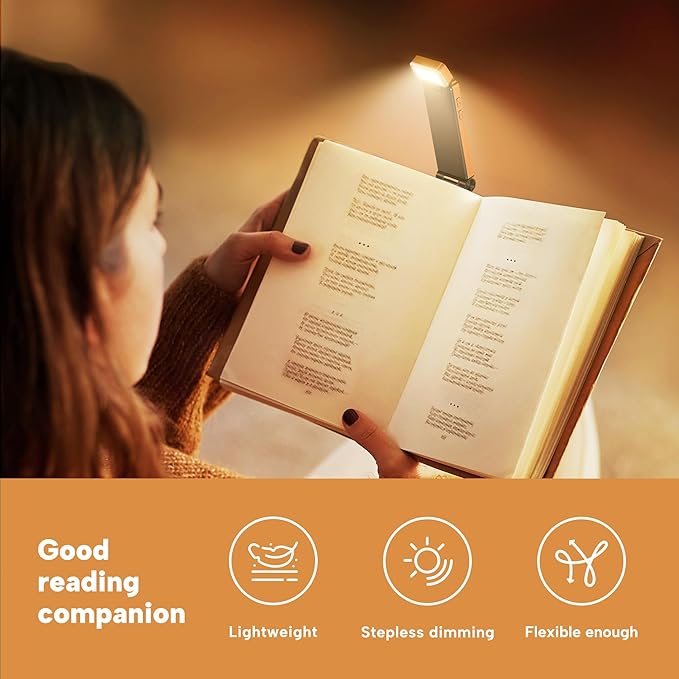 86lux Book Light, Rechargeable Reading Lights for Books in Bed, Ultralight Clip-on LED Bookmark Lamp with 3 Amber Colors & Stepless Dimming for Night Reading for Book Lovers, Kids, Papaya Orange