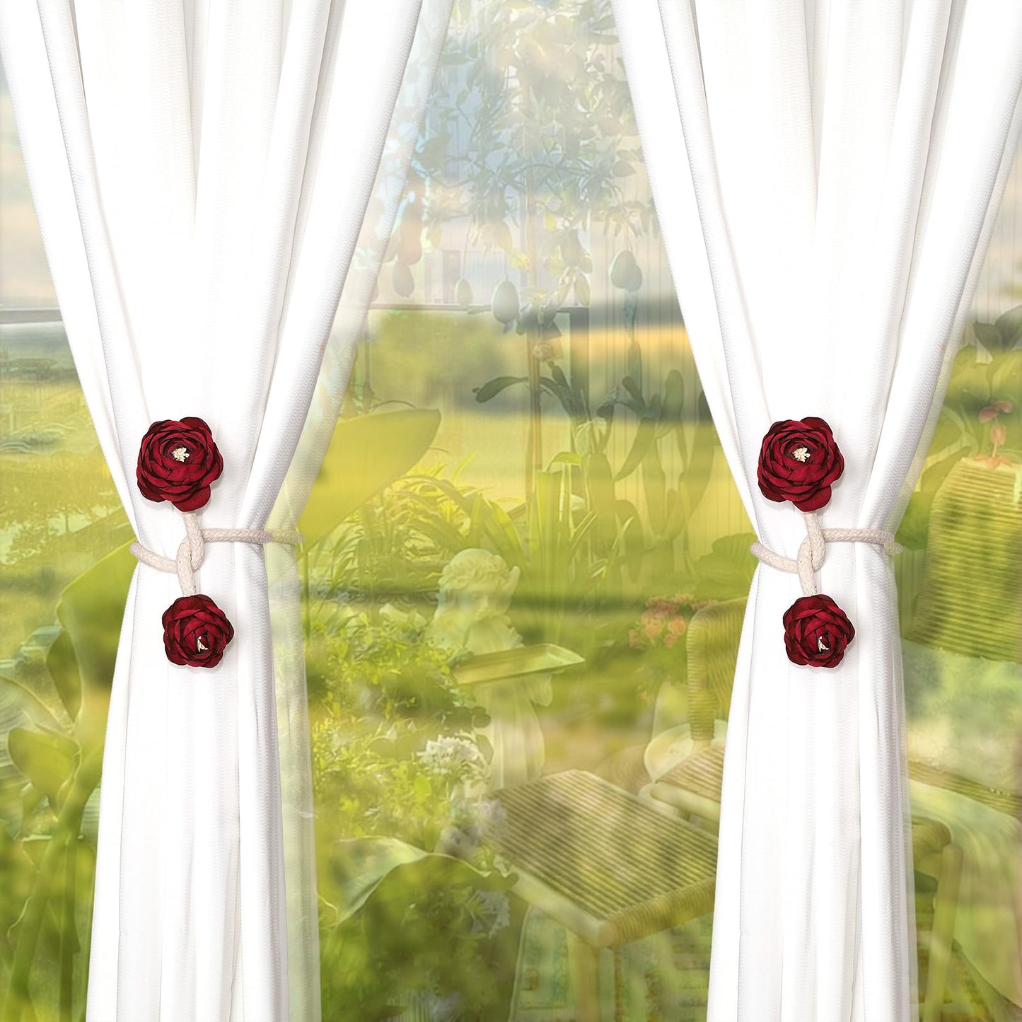 SUQ I OME 2 Pieces Handmade Artificial Christmas Red Flower Curtain Holdbacks,Curtain Tiebacks Clips Creative Window Drape Twist Tie Backs for Christmas Decorative Draperies Holdbacks (Wine Red)