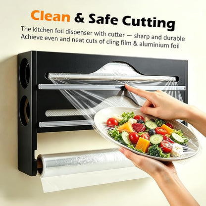 Plastic Wrap Dispenser with Cutter, 3 in 1 Tin Foil Wrap Dispenser Wall-Mounted Organizer for Baking Paper, Foil Dispenser with Cutter Wax Paper Holder Kitchen Storage Box (black)