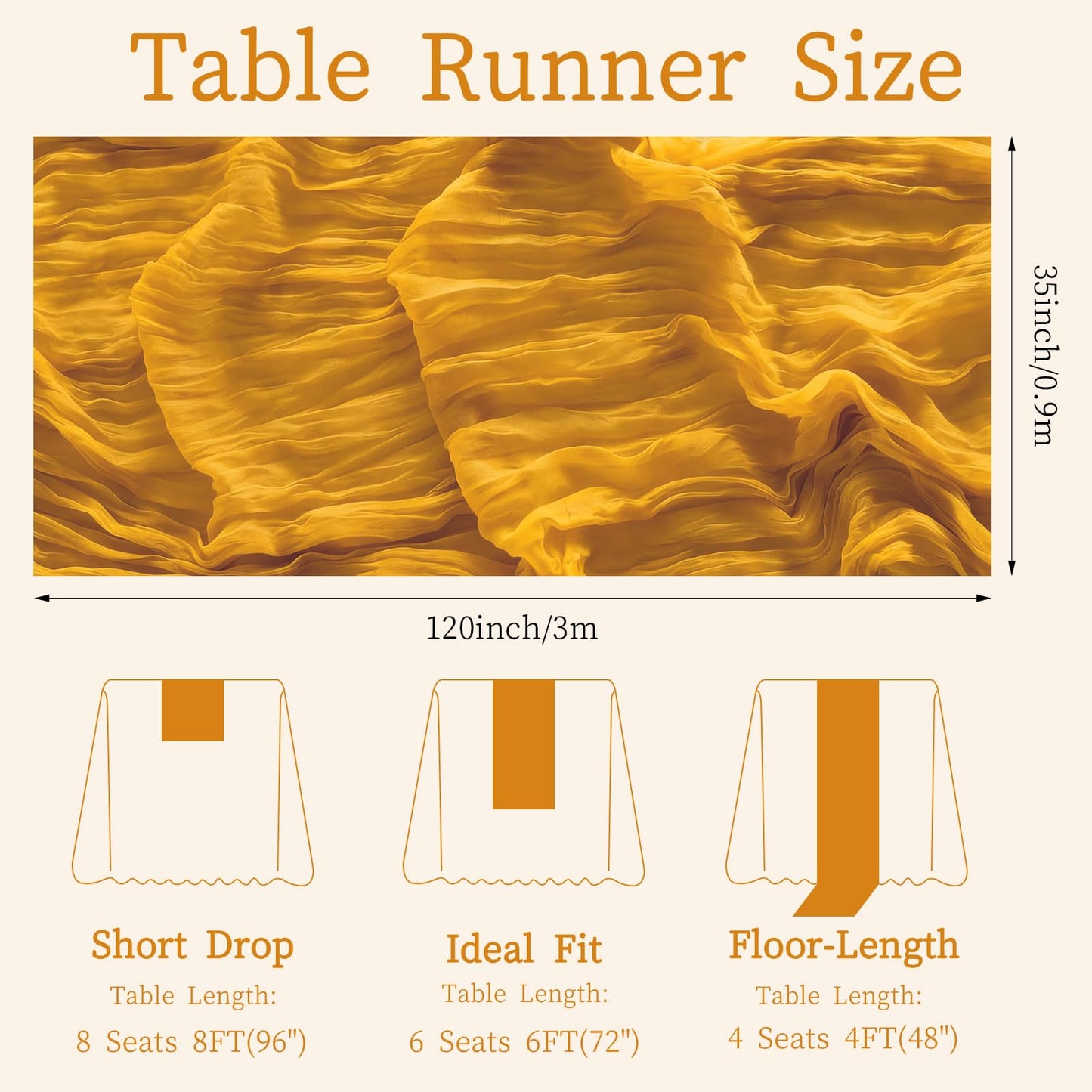 3 Pcs Gold Cheesecloth Table Runner, 35"×120" Halloween Gauze Sheer Table Runner, 10FT Boho Cheese Cloth Table Decorations for Thankgiving Wedding Birthday Autumn Rustic Decor