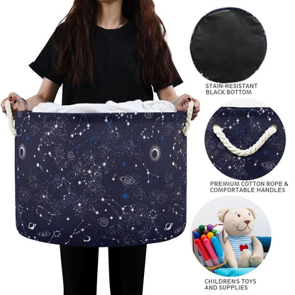 Constellation Print Round Storage Basket Stars Moon Planet 20 x 20 x 14 Inches Laundry Hamper Space Galaxy Universe Large Organizer Bin Clothes Storage Bag for Nursery Bedroom Living Room Decor