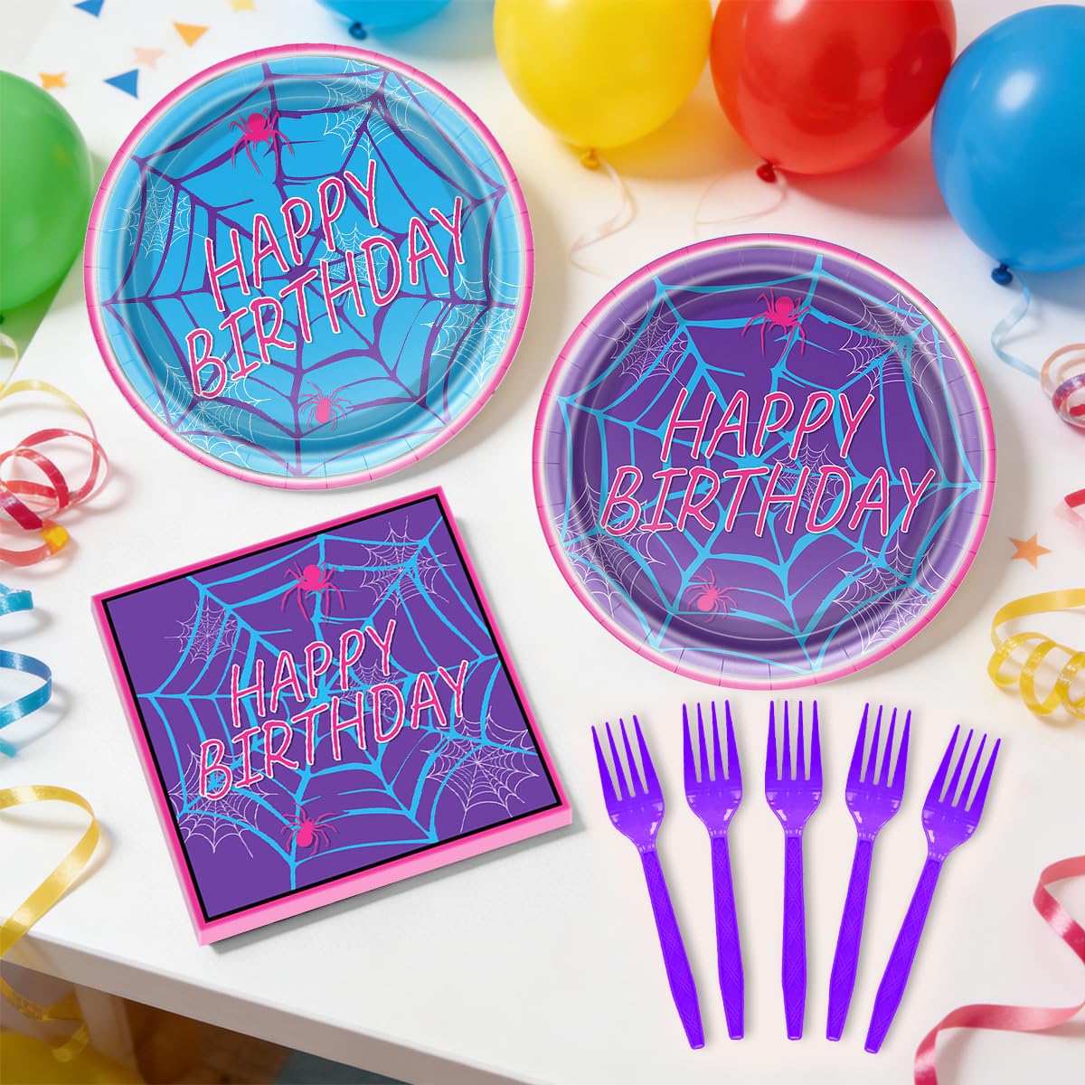 OULUN Spiderweb Party Plates and Napkins Spider Birthday Decorations Ghost Disposable Porks Purple Spiderweb Party Tableware Set Serves 20