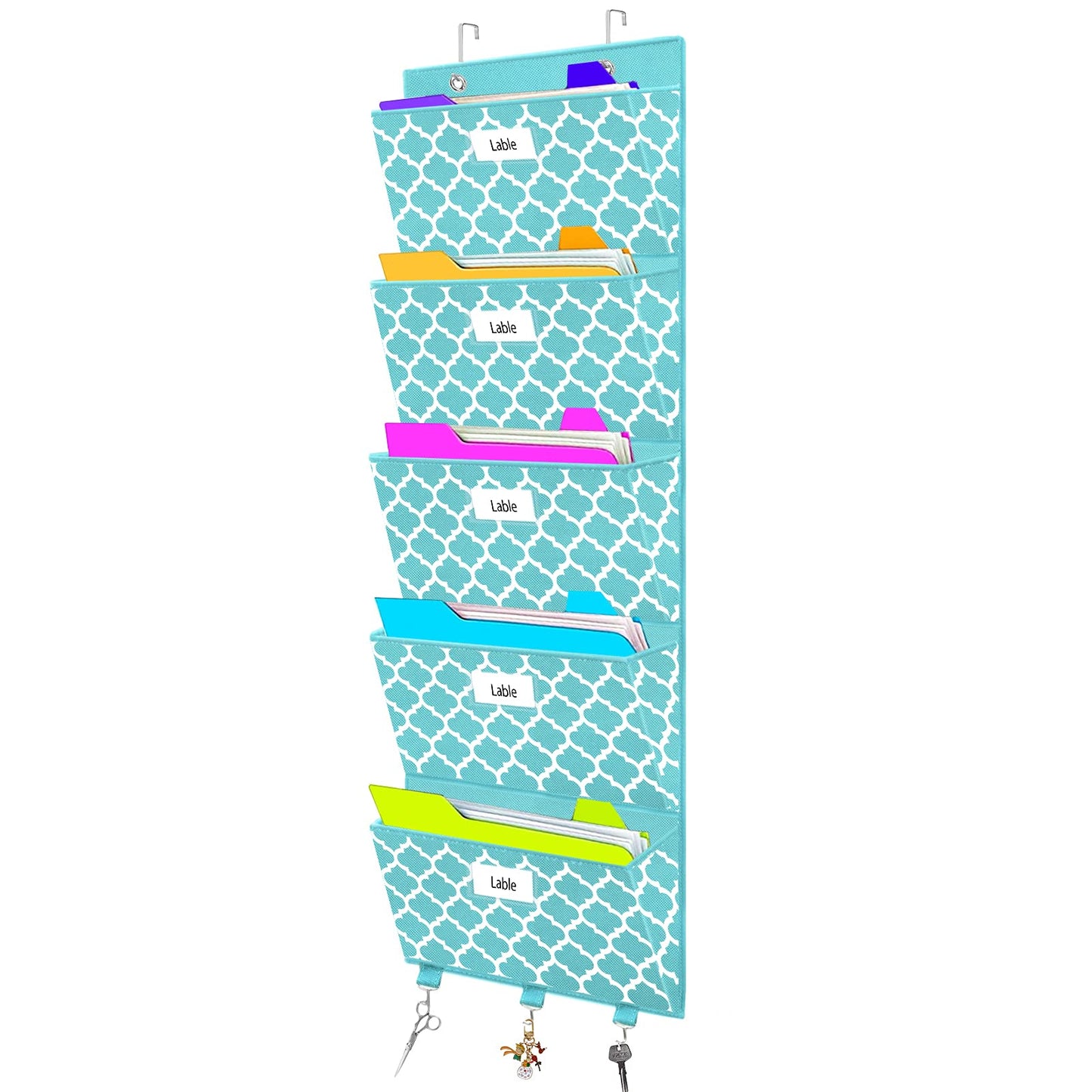 Over the Door File Organizer, Hanging File Folders, Wall Organizers and Storage for Mail, Magazine, Notebooks, Planners, Office, Classroom, 5 Extra Large Pockets, 50.39” Tall (Blue Lantern Pattern)