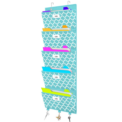 Over the Door File Organizer, Hanging File Folders, Wall Organizers and Storage for Mail, Magazine, Notebooks, Planners, Office, Classroom, 5 Extra Large Pockets, 50.39” Tall (Blue Lantern Pattern)