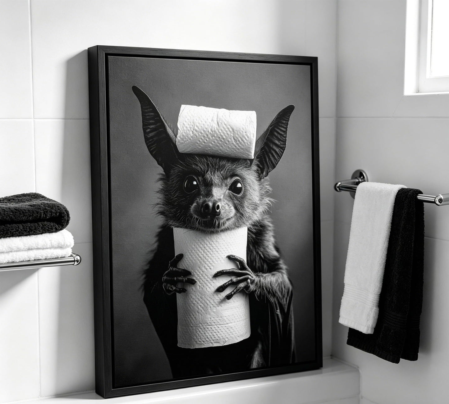 Funny Bat Bathroom Framed Wall Art, Black and White Cute Bat with Toilet Paper Wall Decor, Humorous Animal Bathroom Canvas Print for Restroom, Powder Room, Toilet, Home Decoration 8x10 Inch
