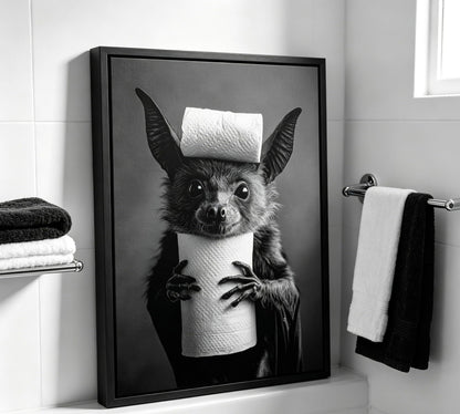 Funny Bat Bathroom Framed Wall Art, Black and White Cute Bat with Toilet Paper Wall Decor, Humorous Animal Bathroom Canvas Print for Restroom, Powder Room, Toilet, Home Decoration 8x10 Inch