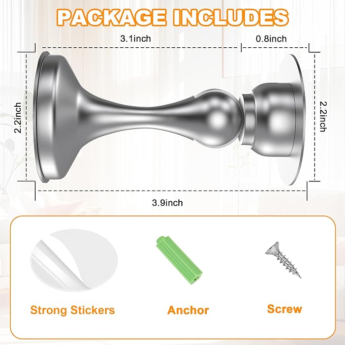 Crosize Magnetic Door Stoppers 2 Pack, Stainless Steel Door Stops for Wall and Floor Mounting, Door Holder Keep Door Open, No Drilling Door Stop with Adhesive Tapes, Silver
