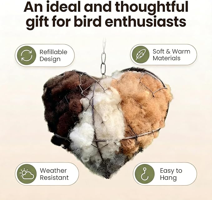 Handmade Alpaca Wool Bird Nest Heart, Nesting Material Frame with Chain, Hummingbird Shelter Box, Wild Bird Winter Tree House (2 PCS)