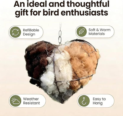 Handmade Alpaca Wool Bird Nest Heart, Nesting Material Frame with Chain, Hummingbird Shelter Box, Wild Bird Winter Tree House (2 PCS)
