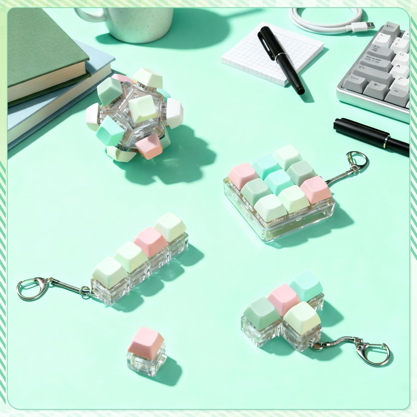 Halloscume 5 Pcs Keyboard Adult Fidget Clicker in 5 Styles Keyboard Fidget Keychain Cube Mechanical Key Button Clicker Stress Relief Gift for Office Home Pass Time(Fresh Color)