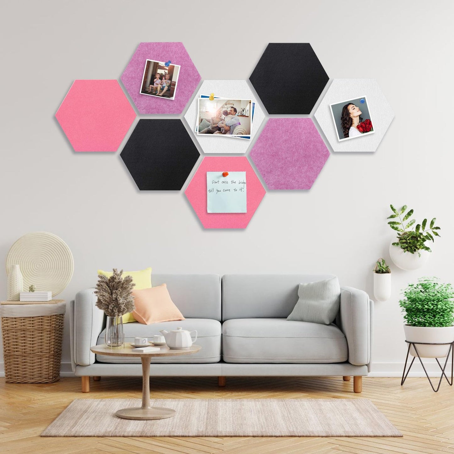 8 Packs Hexagon Felt Pin Board, 12" Bulletin Board with 30 Push Pins, Felt Board for Home Kitchen Office Decor, Self-Adhesive Corkboard Tiles for Walls School Message Photos Memos-Black White Pink