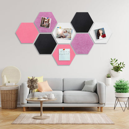 8 Packs Hexagon Felt Pin Board, 12" Bulletin Board with 30 Push Pins, Felt Board for Home Kitchen Office Decor, Self-Adhesive Corkboard Tiles for Walls School Message Photos Memos-Black White Pink