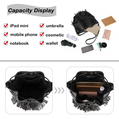 Leather Bucket Bags for Women Crossbody Fringe Purses with Drawstring Ladies Tassel Hobo and Shoulder Handbags Black