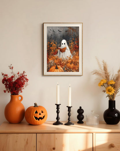 VIYYIEA Framed Wall Art for Living Room, Reading Ghost Canvas Prints, Autumn Home Decor, Halloween Painting Picture, Bathroom Wall Decor Gifts for Friends or Family -【Reading Ghost】-(16L x 12W)