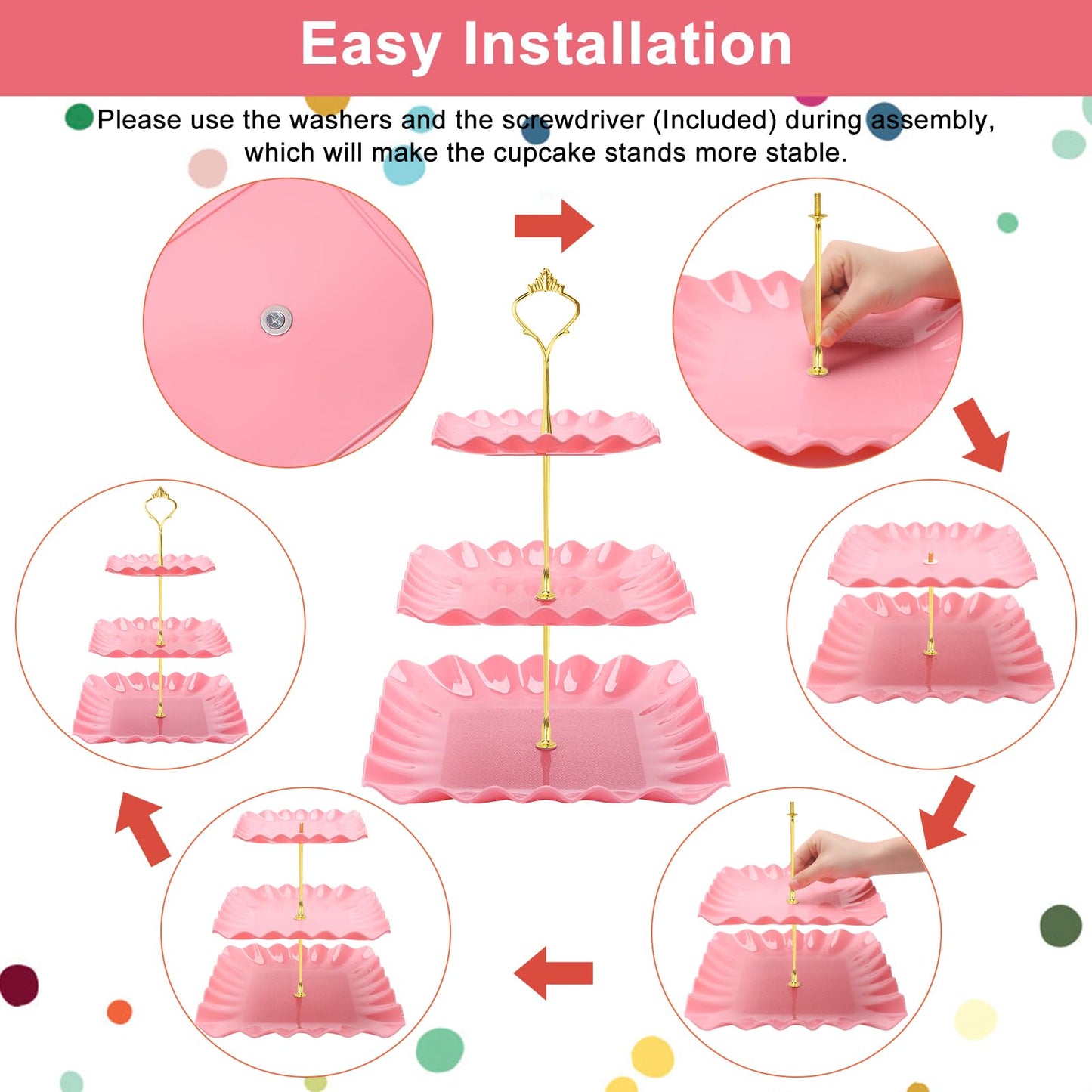 Coitak 8 Pieces Cupcake Stand Set, 2 PCS 3 Tier Cupcake Stands with 3 PCS Appetizer Trays, 3 PCS Serving Tongs, Dessert Tower Tray for Tea Party (Pink)