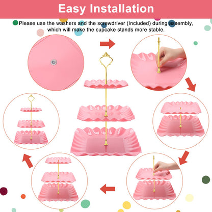 Coitak 8 Pieces Cupcake Stand Set, 2 PCS 3 Tier Cupcake Stands with 3 PCS Appetizer Trays, 3 PCS Serving Tongs, Dessert Tower Tray for Tea Party (Pink)