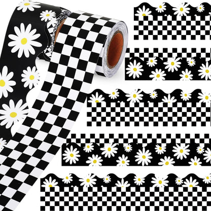 Trandraft 2 Rolls 65.6ft Daisy Checkered Bulletin Board Borders Decoration Black and White Checkerboard Board Borders Strips Summer Daisy Classroom Decor for Back to School Classroom Offices Party