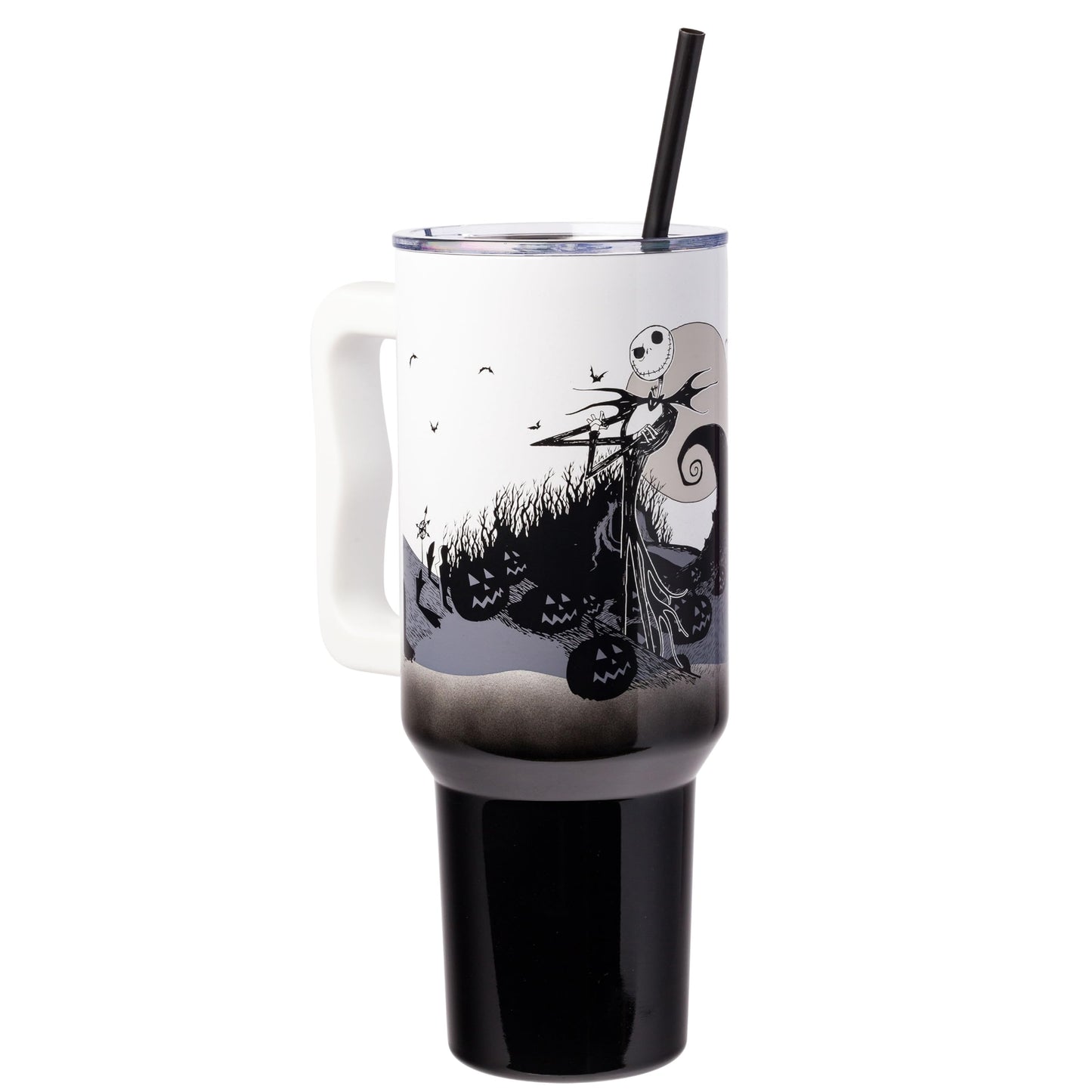 Silver Buffalo Disney Nightmare Before Christmas by Tim Burton Jack Skellington Hill and Moon Double Walled Stainless Steel Tumbler with Handle and Straw, Fits in Standard Cup Holder, 40 Ounces