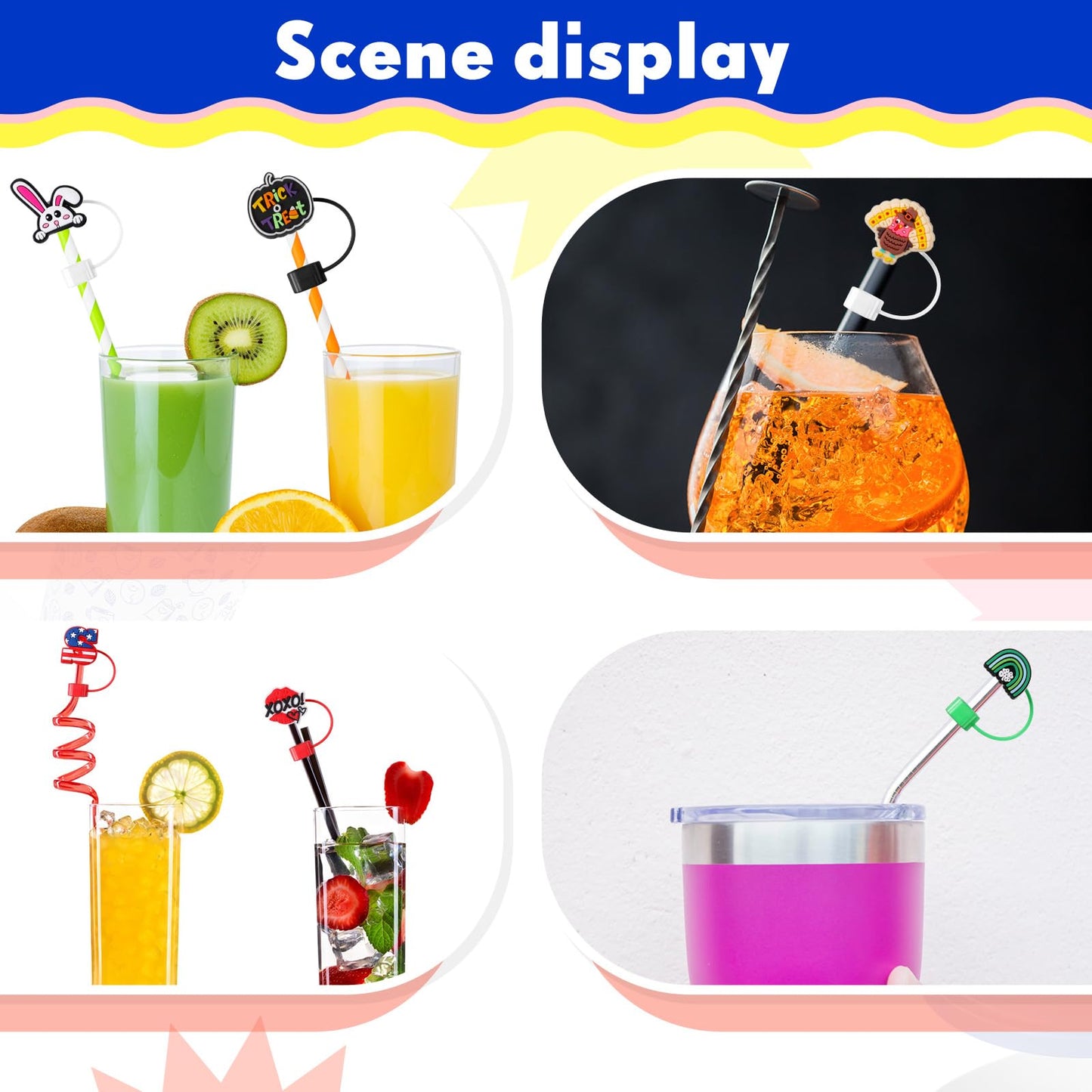 Ninehaoou 48 Pcs Holiday Straw Toppers Silicone Cute Straw Cover Cap Tumbler Reusable Drinking Cover Lid Topper Protector for Christmas Halloween Easter Independence Day St Patrick's Day