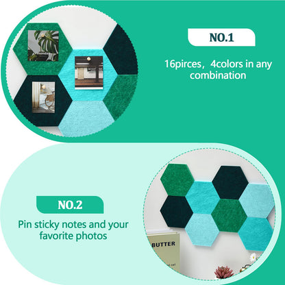 Mindsoft 16 Pcs Hexagon Cork Board for Walls with 50 Wooden Push Pins 6.7 x 5.9 in Felt DIY Tiles Notice with Nano Tape Hanging Bulletin Board for Home Photo Office Memo Note(Turquoise)
