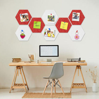 8 Packs White Red Hexagon Felt Pin Board, 12" Bulletin Board with 30 Push Pins, Felt Board for Home Kitchen Office Decor, Self-Adhesive Corkboard Tiles for Walls Message Photos Memos Display