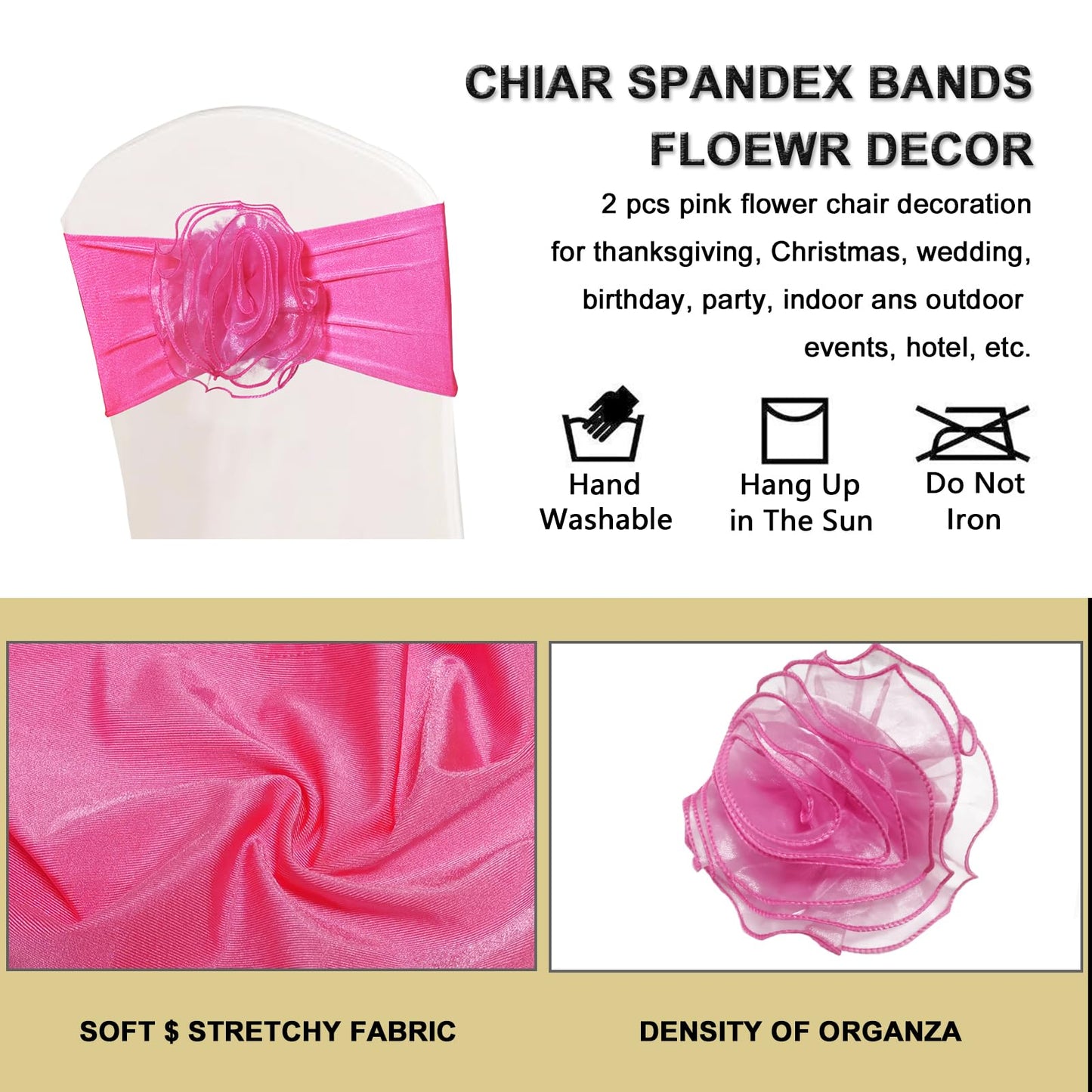 SFN 2 PCS Pink Flower Chair Sashes Chair Spandex Bands Bows tie for Thanksgiving Christmas Wedding Banquet Birthday Party Events Hotel Decoration