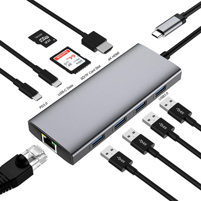 USB C HUB, USB C Adapter 11 in 1 Dongle with 4K HDMI, VGA, Type C PD, USB3.0, RJ45 Ethernet, SD/TF Card Reader, 3.5mm AUX, Docking Station Compatible with MacBook Pro/Air, Other Type C Laptops