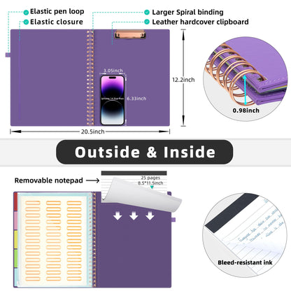 Ospelelf Leather Spiral Clipboard Folder with Storage Zipper Pouch, Foldable Clipboard Folio with Notepad for Letter Size, 5 Folders with 10 Pockets, 39 Divider Label Stickers (Purple)