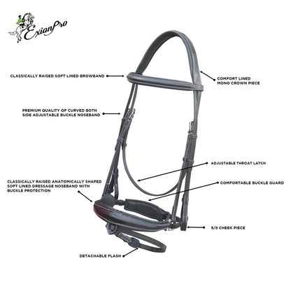 Exion Dressage Bridle with Mono Crown & Detachable Flash | Anatomical Crank Noseband, Raised Padded Browband, Calfskin-Lined Leather Dressage Bridle with Web Reins for Horses