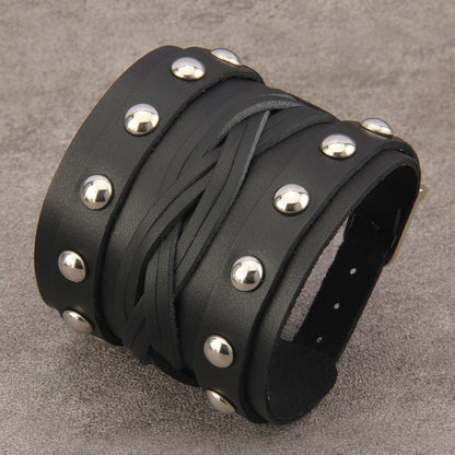 GelConnie Wide Leather Bracelet Thick Black Bracelet Leather Wrap Cuff Bracelet Mens Goth Leather Wristband Bracelet Wrist Cuffs Men